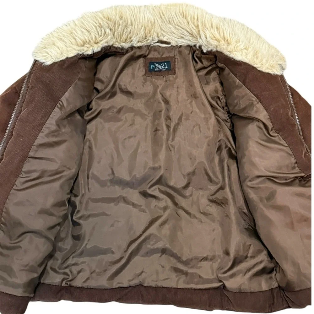 Vintage Y2K Corduroy Puffer Jacket Faux Fur Coat Women XL Chocolate Brown Sherpa